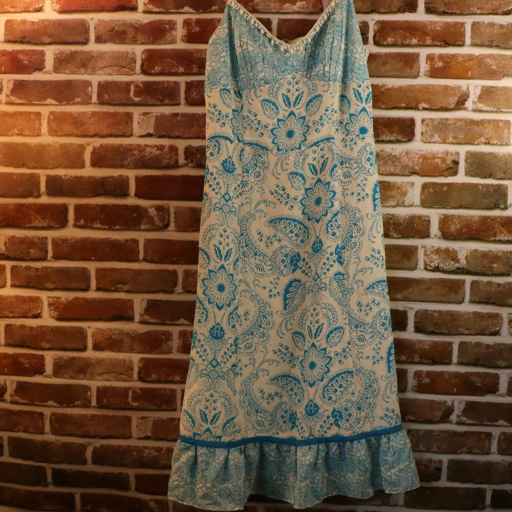 Ann Taylor Loft Size 6 Silk Spaghetti Strap Blue White Paisley Dress Small Stain